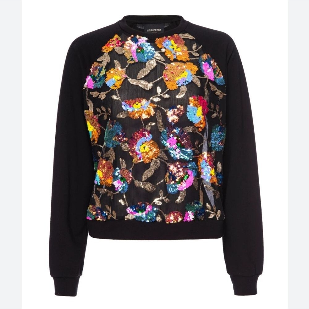 Le Superbe Glam Garden Sequined Sheer Round Neck Sweatshirt Top Women's Medium - Picture 2 of 12